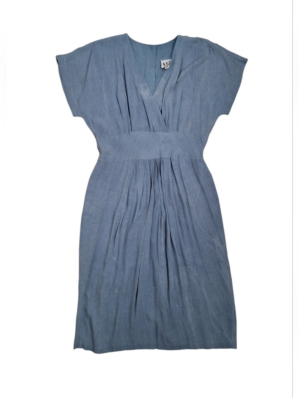 Vintage 90s Cap Sleeve Midi Dress V Neck Denim Blue Teacher Career Womens S/M